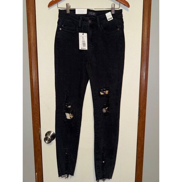 NWT Judy Blue Black Destroyed Leopard Patch Mid-Rise Skinny Jeans (Style: 82168) - Picture 5 of 14